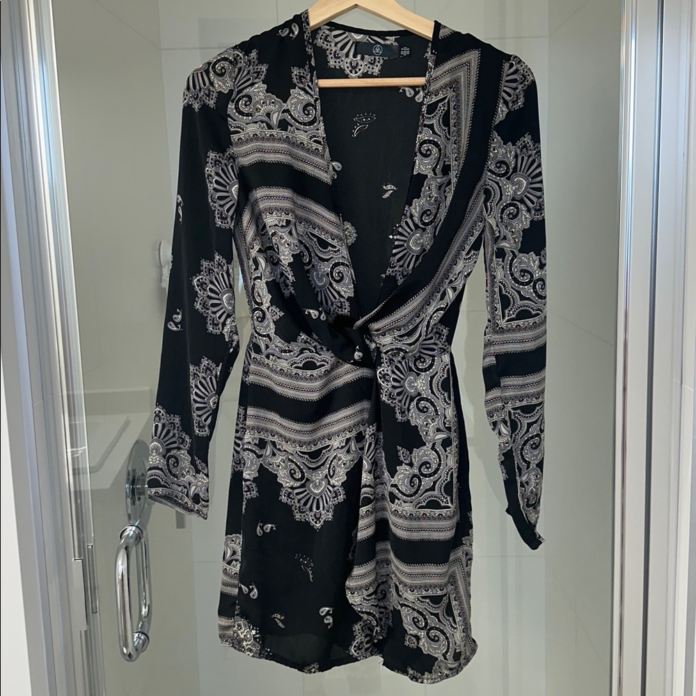 Black and Gray Patterned Wrap Dress